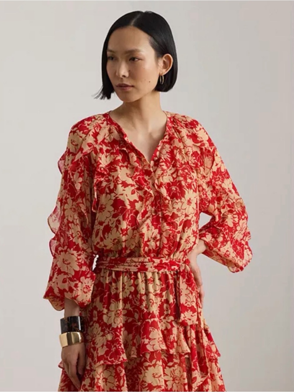 NWT Lauren Ralph Lauren Women’s Red Tan Floral Ruffle Tiered Dress Size 8